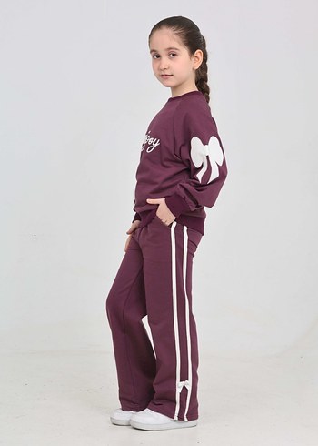 Mor Nakışlı Kız Sweatshirt ve Eşofman Takımı - Görsel 2