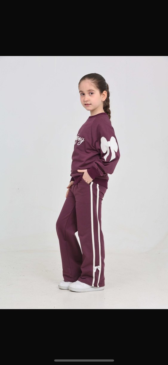 Mor Nakışlı Kız Sweatshirt ve Eşofman Takımı - Görsel 2