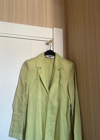 Düğmeli Yeşil Keten Uzun Ceket - Görsel 2