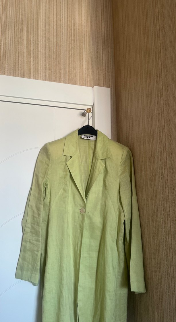 Düğmeli Yeşil Keten Uzun Ceket - Görsel 2