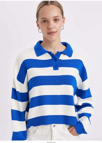 Mavi Beyaz Çizgili Örgü Kadın Kazak - Görsel 2