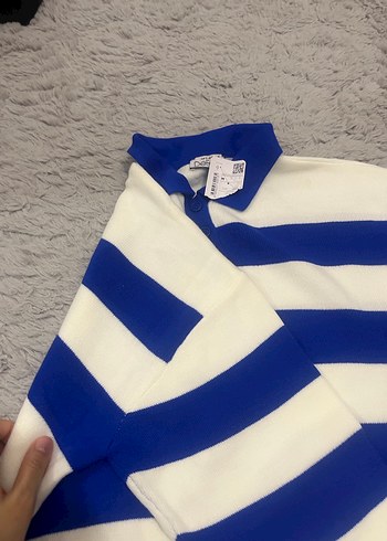 Mavi Beyaz Çizgili Örgü Kadın Kazak - Görsel 4