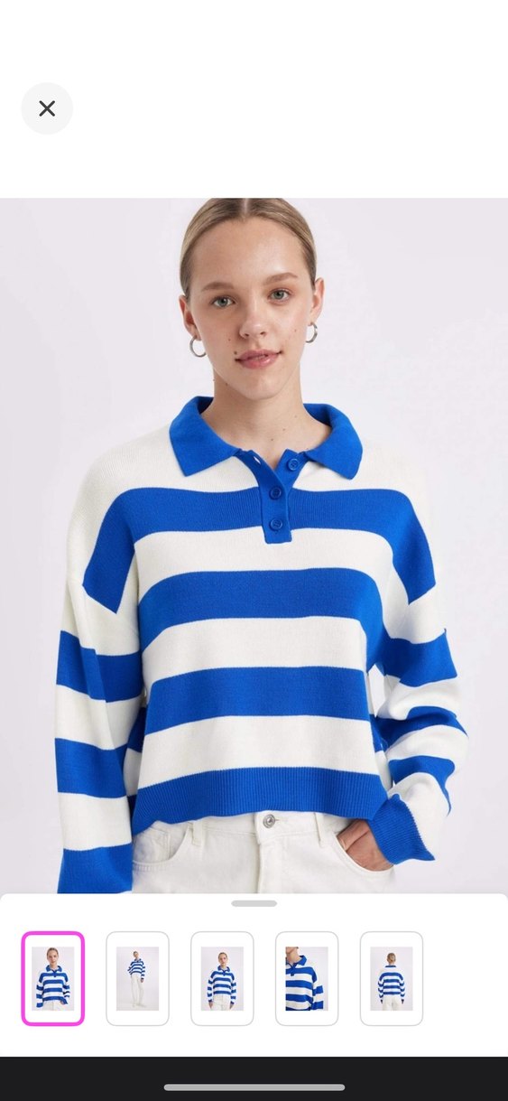 Mavi Beyaz Çizgili Örgü Kadın Kazak - Görsel 2