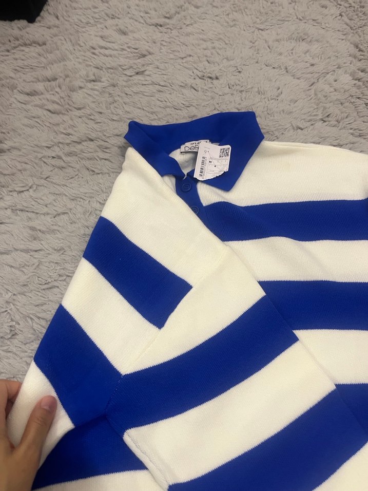 Mavi Beyaz Çizgili Örgü Kadın Kazak - Görsel 4