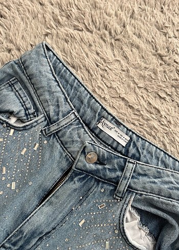 Taş detaylı Mavi Salaş Kadın Jean - Görsel 3