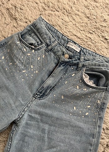 Taş detaylı Mavi Salaş Kadın Jean - Görsel 2