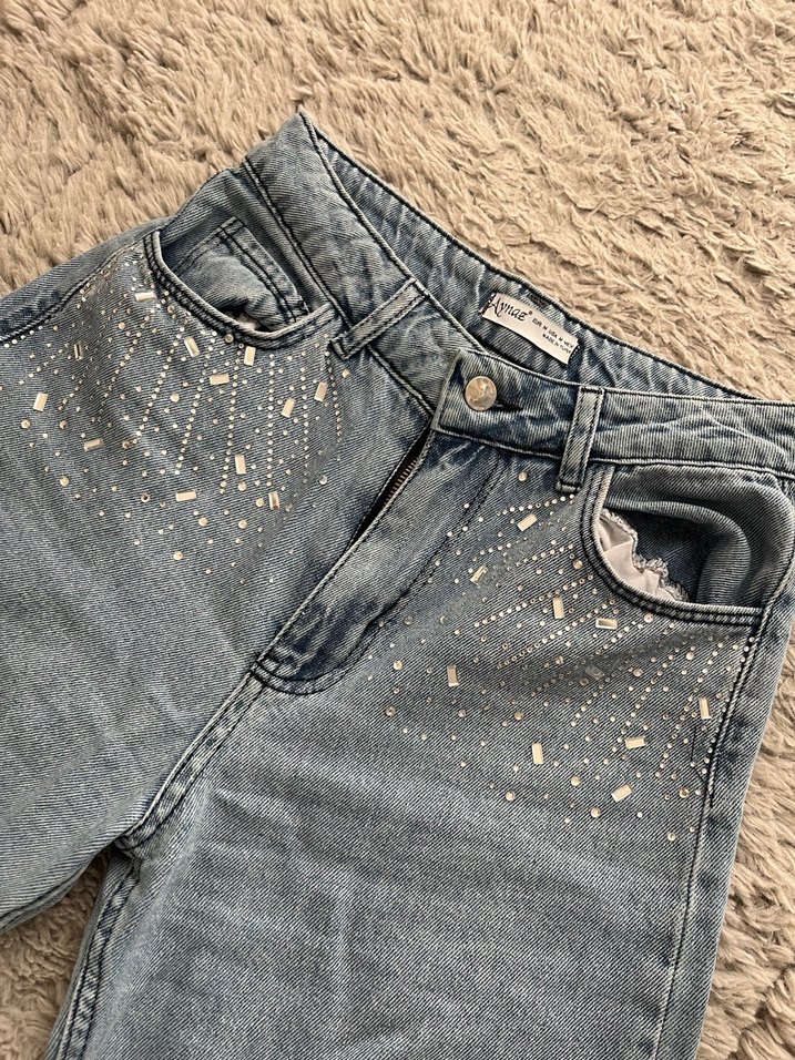 Taş detaylı Mavi Salaş Kadın Jean - Görsel 2