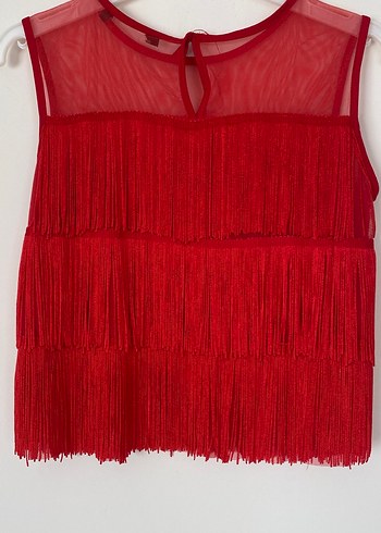 Püsküllü Kırmızı Kolsuz Mini Bluz - Görsel 6