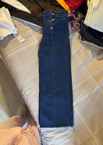 Düğmeli Mavi Midi Denim Kadın Pantolon - Görsel 4