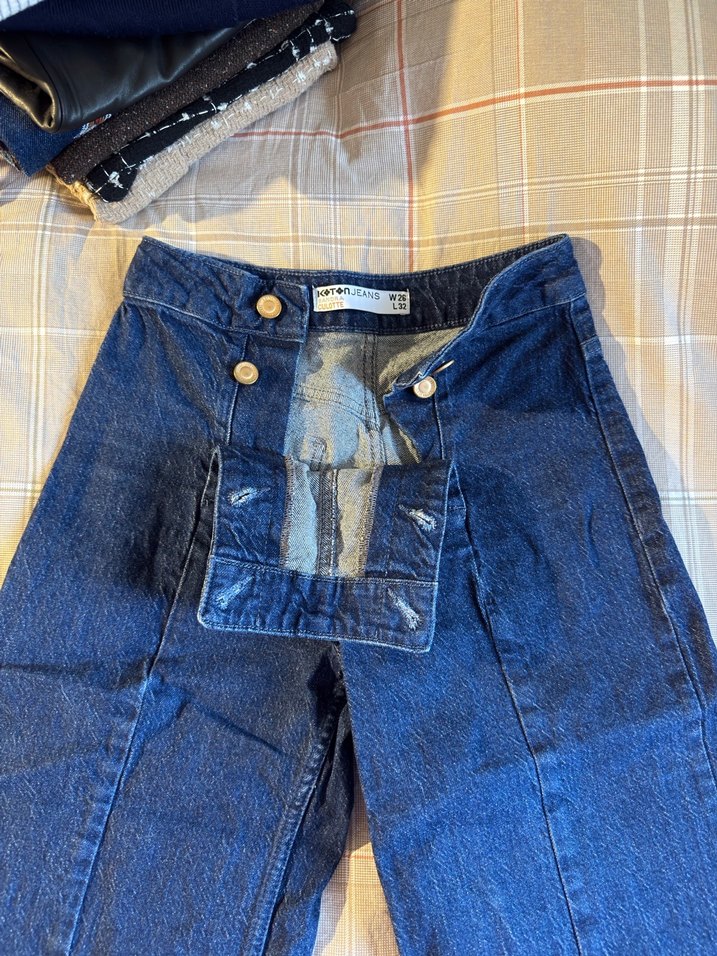 Düğmeli Mavi Midi Denim Kadın Pantolon - Görsel 2