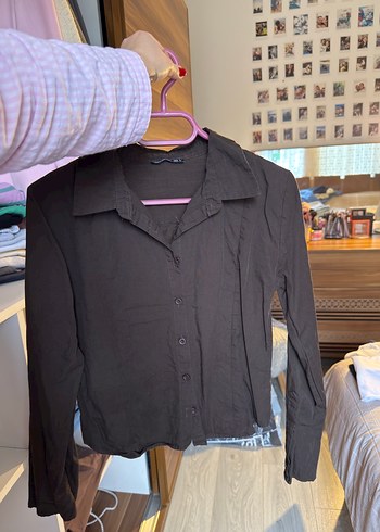 Kahverengi Kadın Keten Gömlek, Uzun Kollu, Düğmeli - Görsel 2