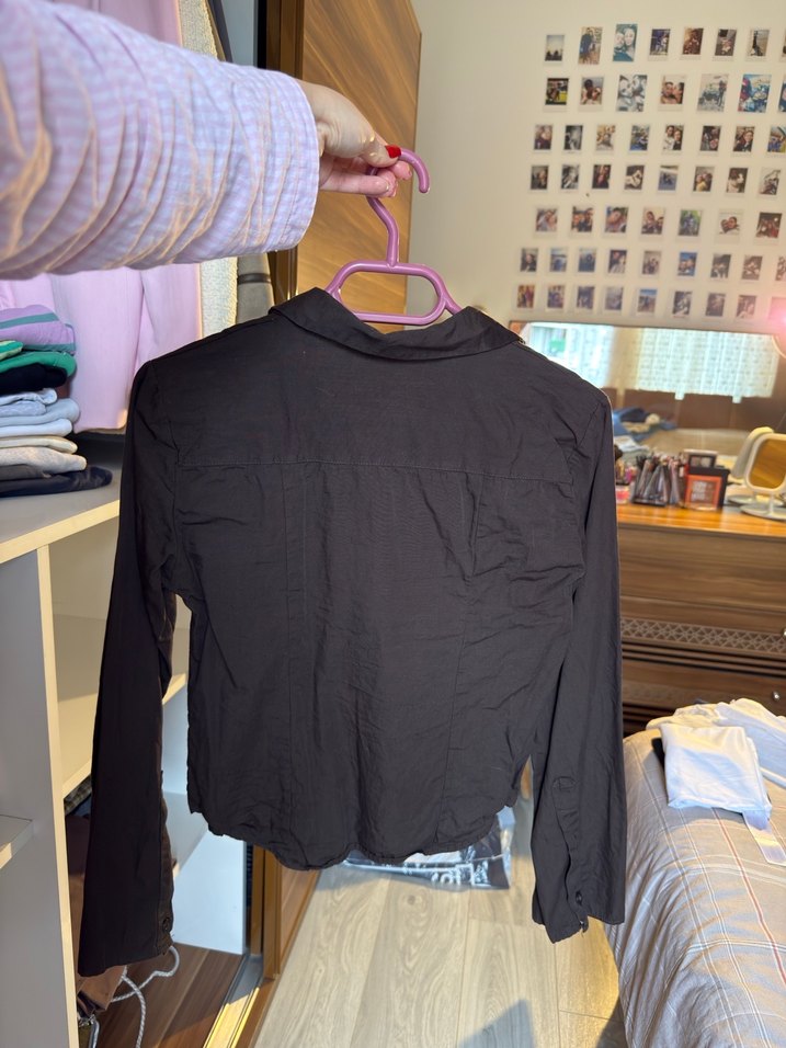 Kahverengi Kadın Keten Gömlek, Uzun Kollu, Düğmeli - Görsel 3