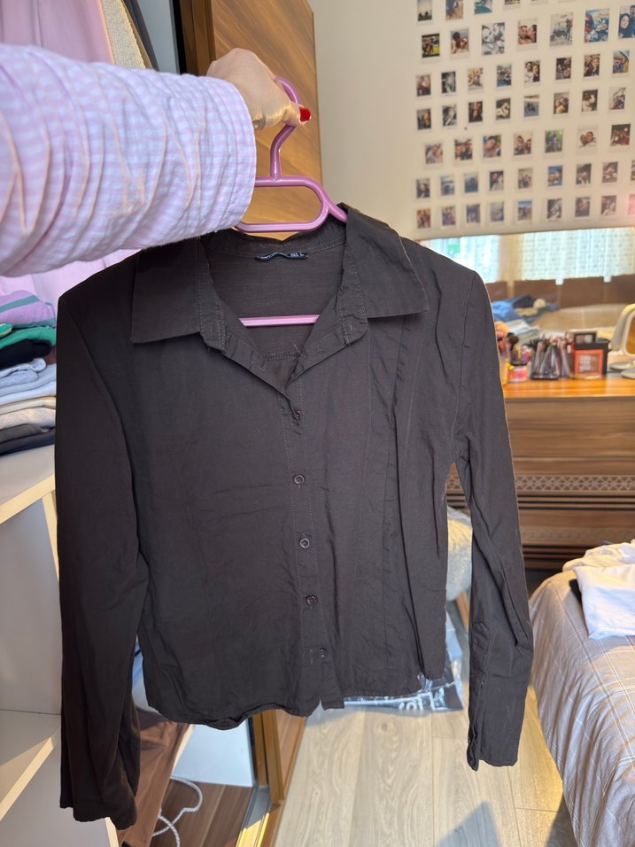 Kahverengi Kadın Keten Gömlek, Uzun Kollu, Düğmeli - Görsel 2