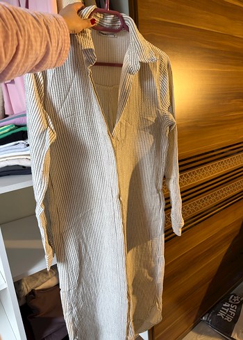 Uzun Kollu krem rengi Çizgili Keten Midi Gömlek - Görsel 2