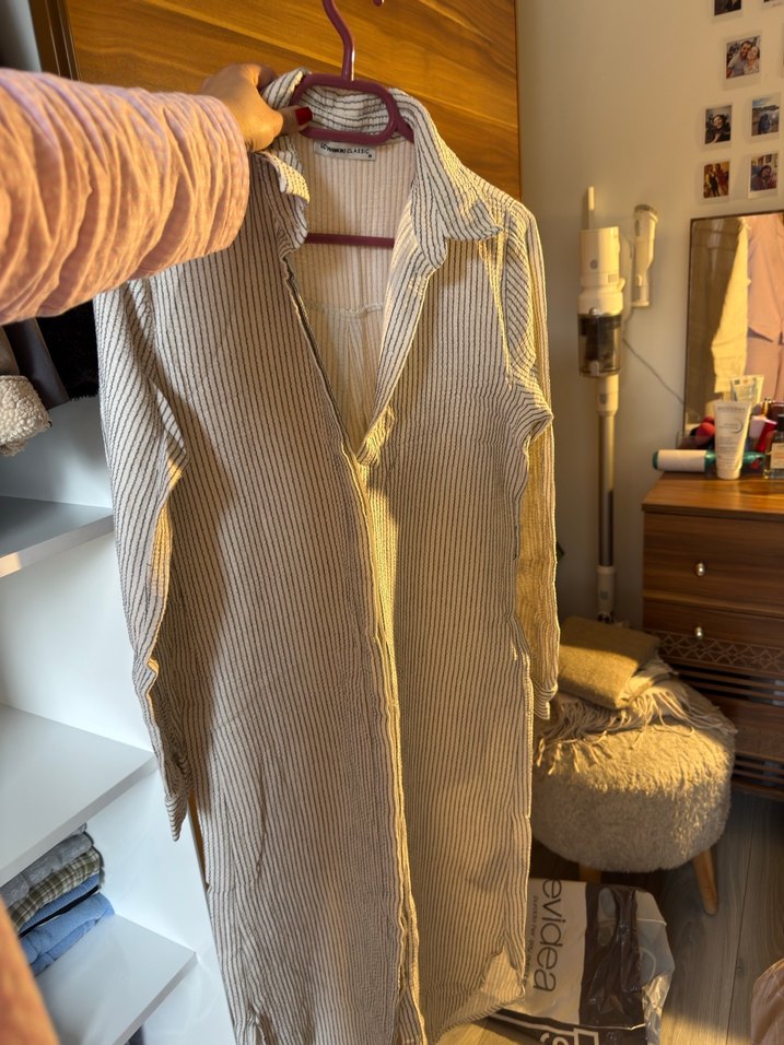 Uzun Kollu krem rengi Çizgili Keten Midi Gömlek - Görsel 3