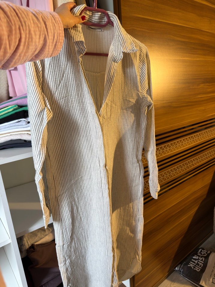 Uzun Kollu krem rengi Çizgili Keten Midi Gömlek - Görsel 2