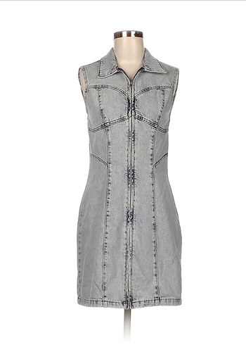 Gri Denim Midi Elbise Fermuarlı