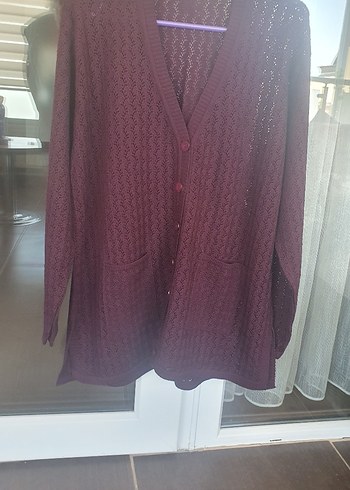 Bordo Örgü Kadın Hırka Düğmeli Cepli