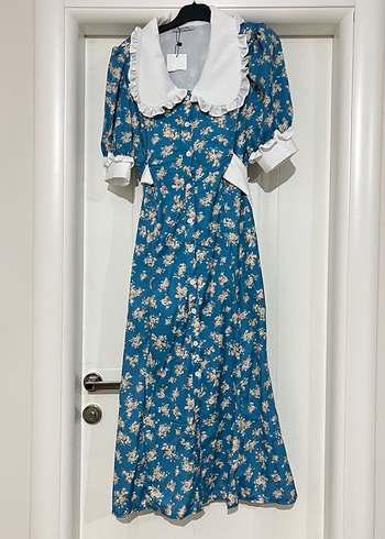 Mavi Çiçek Desenli Uzun Bohem Kadın Elbise - Görsel 6