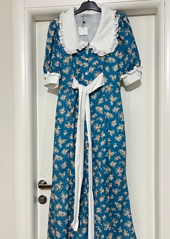 Mavi Çiçek Desenli Uzun Bohem Kadın Elbise - Görsel 9