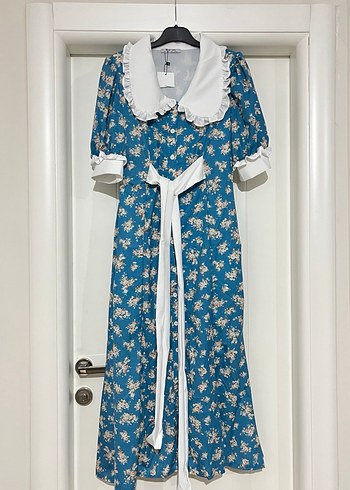 Mavi Çiçek Desenli Uzun Bohem Kadın Elbise - Görsel 8