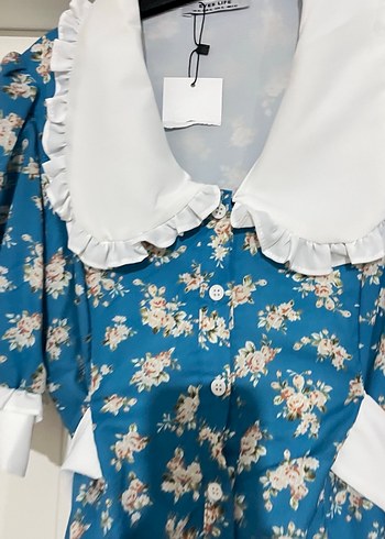 Mavi Çiçek Desenli Uzun Bohem Kadın Elbise - Görsel 11