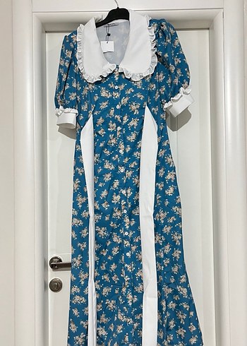 Mavi Çiçek Desenli Uzun Bohem Kadın Elbise - Görsel 10