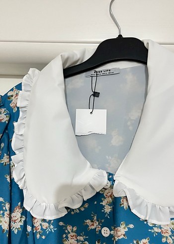 Mavi Çiçek Desenli Uzun Bohem Kadın Elbise - Görsel 3