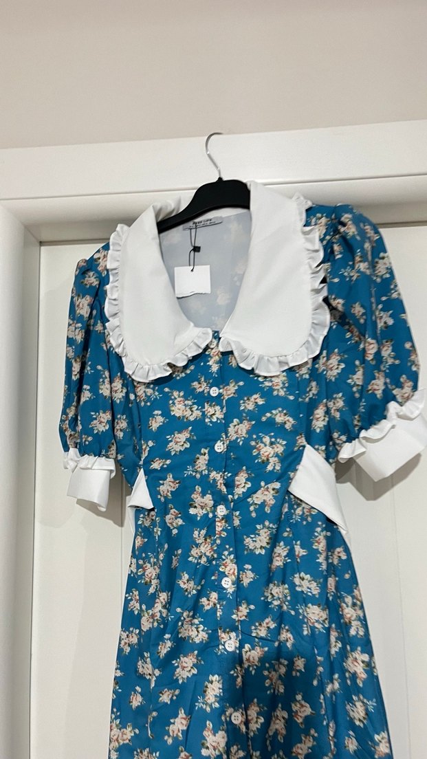 Mavi Çiçek Desenli Uzun Bohem Kadın Elbise - Görsel 4