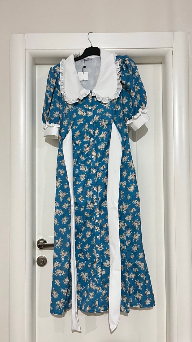 Mavi Çiçek Desenli Uzun Bohem Kadın Elbise - Görsel 5