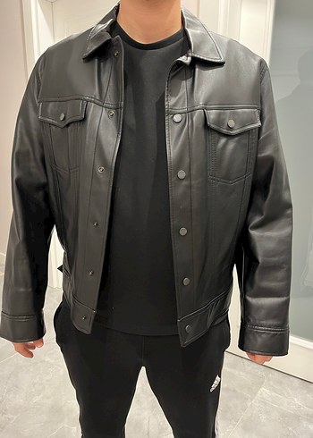 Düğmeli Siyah Deri Biker Ceket - Görsel 4