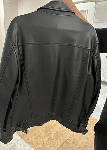 Düğmeli Siyah Deri Biker Ceket - Görsel 2