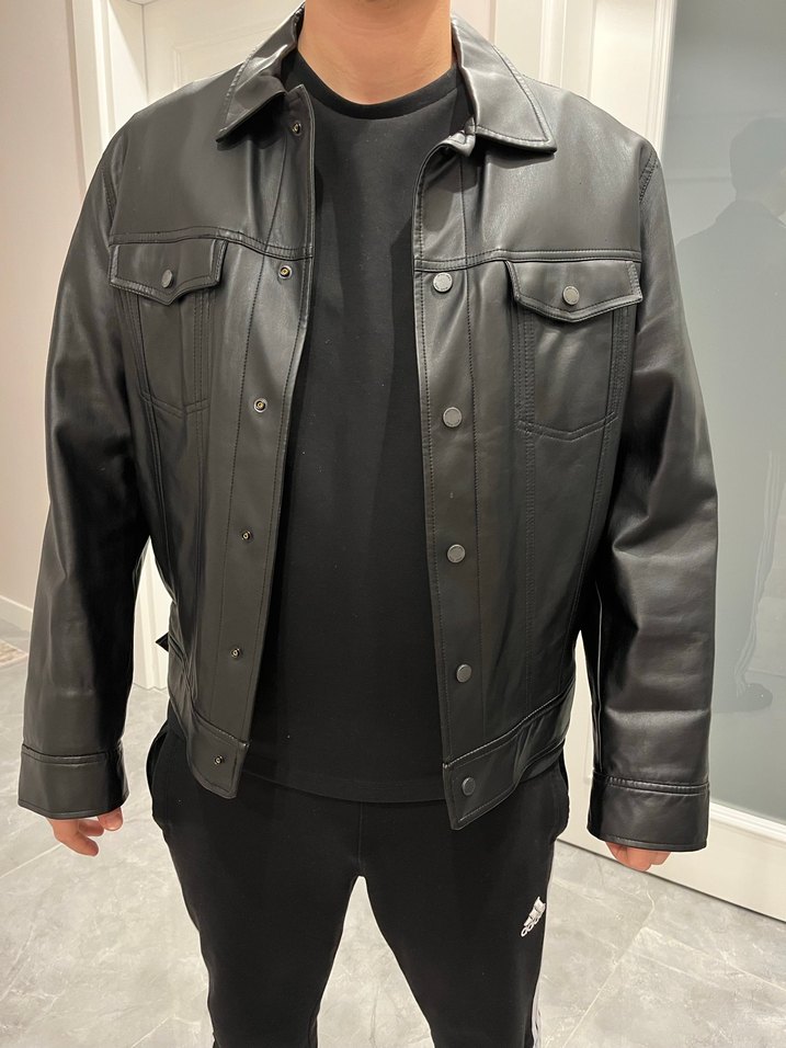 Düğmeli Siyah Deri Biker Ceket - Görsel 4