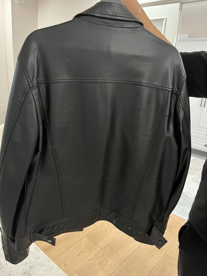 Düğmeli Siyah Deri Biker Ceket - Görsel 2
