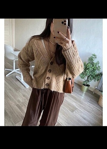 Camel örgü desenli hırka