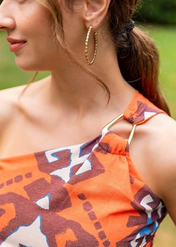 Bohem Tek Omuz Turuncu Uzun Elbise - Görsel 5