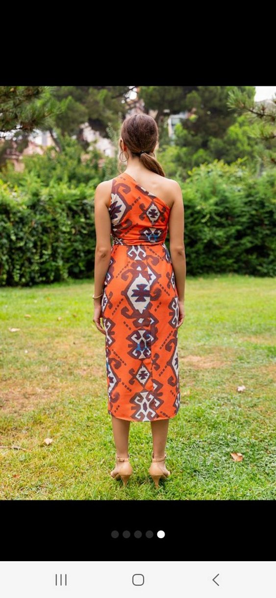 Bohem Tek Omuz Turuncu Uzun Elbise - Görsel 2