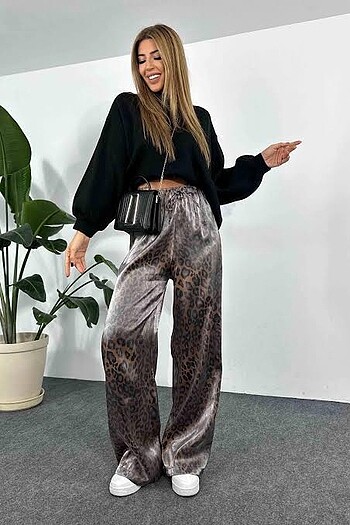 Leopar saten pantolon