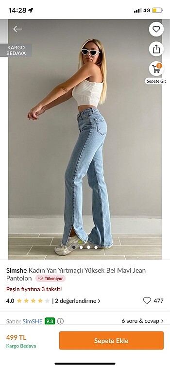 Paçası yırtmaçlı wide leg jean