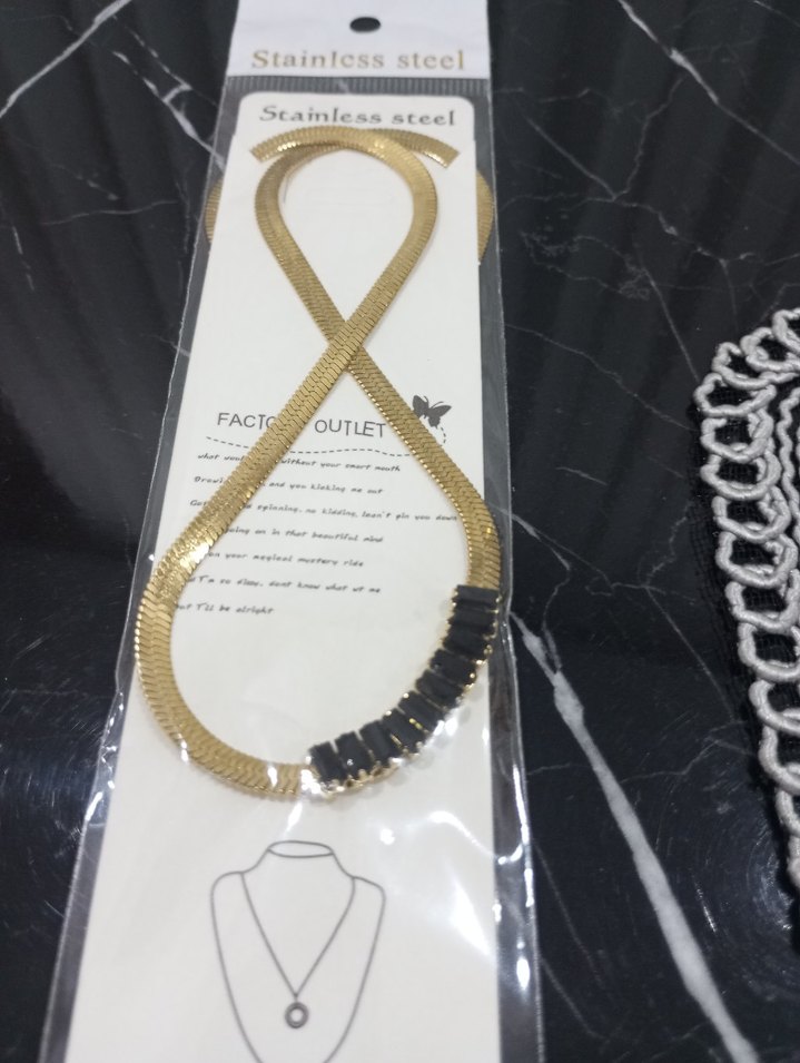 italyan yassı zincir desenli siyah taşlı Uzun Kadın Kolye - Görsel 2