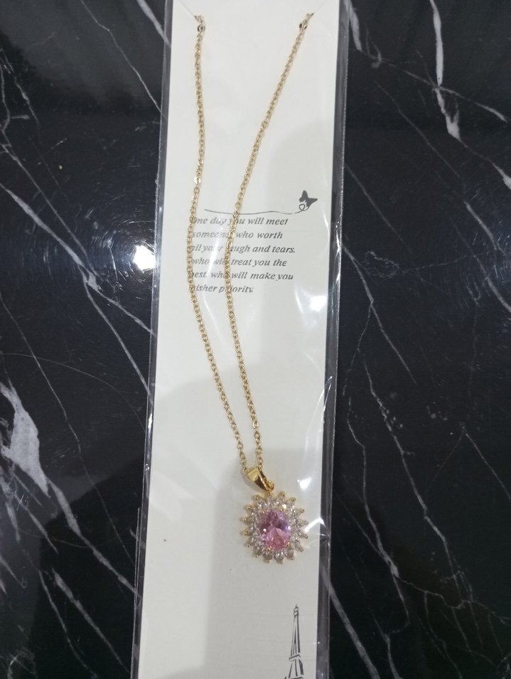 Pembe Taşlı Zincir Detaylı Kadın çelik Kolye - Görsel 2