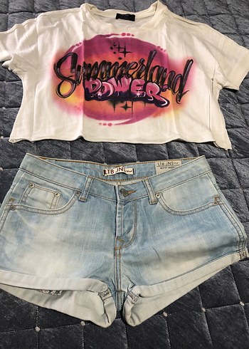 Pembe Baskılı Mini Denim Şort