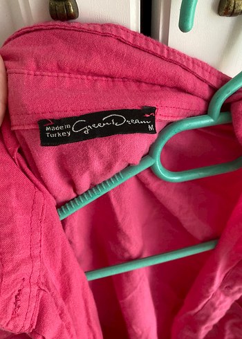 Pembe Keten Kadın Gömlek, Düğmeli, Uzun Kollu - Görsel 3