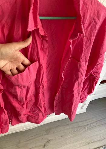 Pembe Keten Kadın Gömlek, Düğmeli, Uzun Kollu - Görsel 2