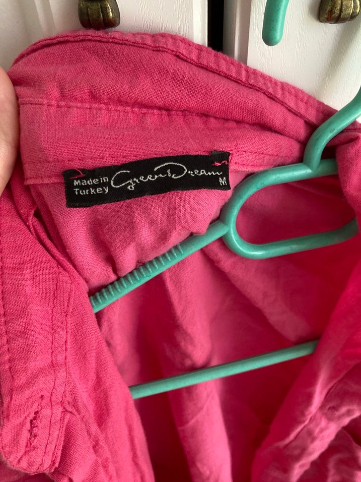 Pembe Keten Kadın Gömlek, Düğmeli, Uzun Kollu - Görsel 3