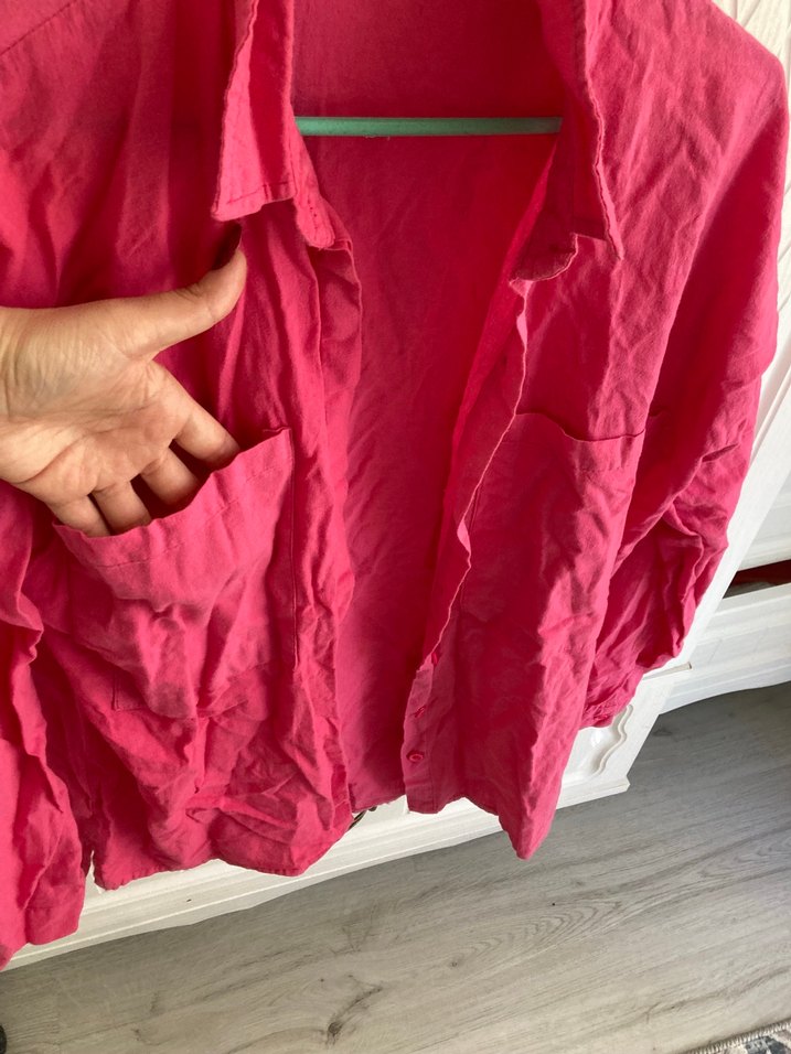 Pembe Keten Kadın Gömlek, Düğmeli, Uzun Kollu - Görsel 2