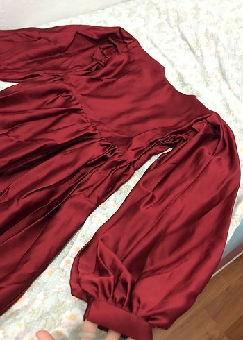 Bordo Uzun Kol Drapeli Kadın Elbise - Görsel 4