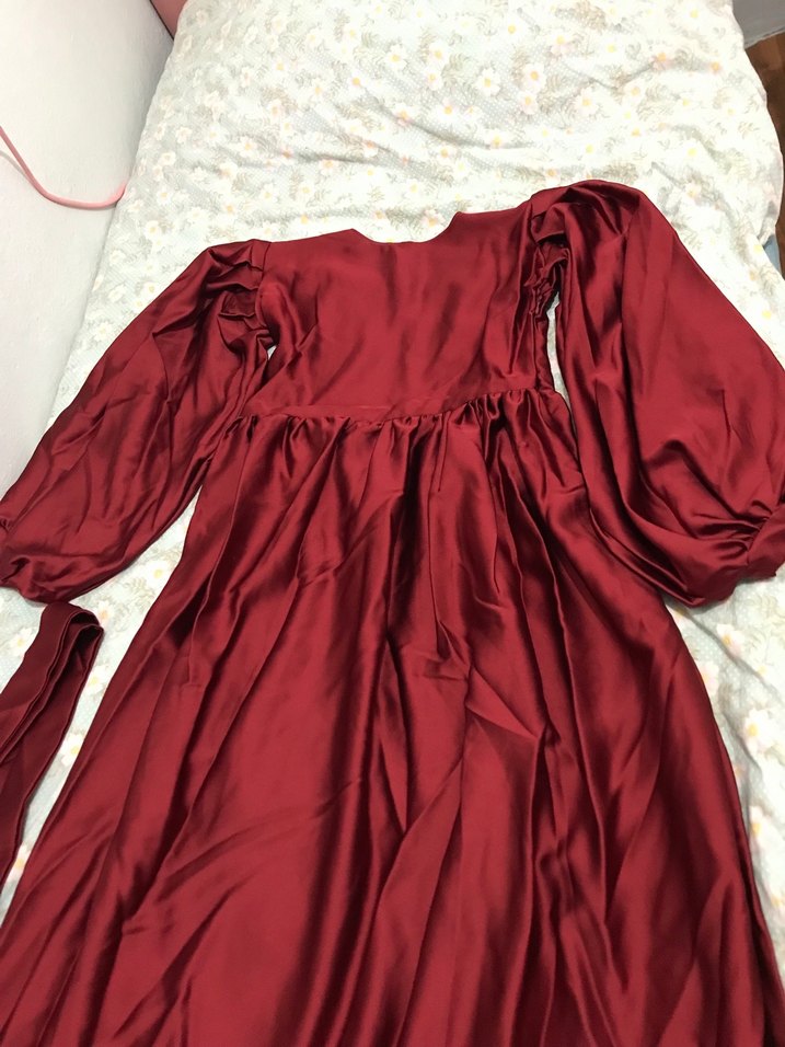 Bordo Uzun Kol Drapeli Kadın Elbise - Görsel 3