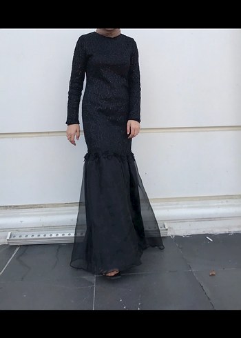 Uzun Kollu Siyah Gotik Uzun Abiye Elbise - Görsel 6