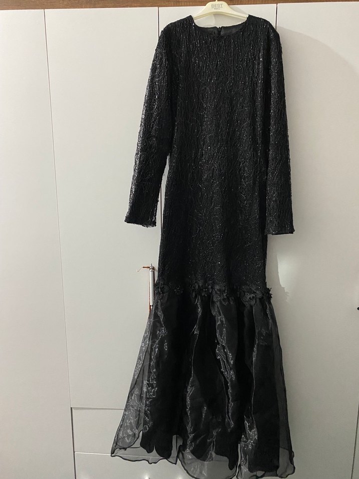 Uzun Kollu Siyah Gotik Uzun Abiye Elbise - Görsel 2